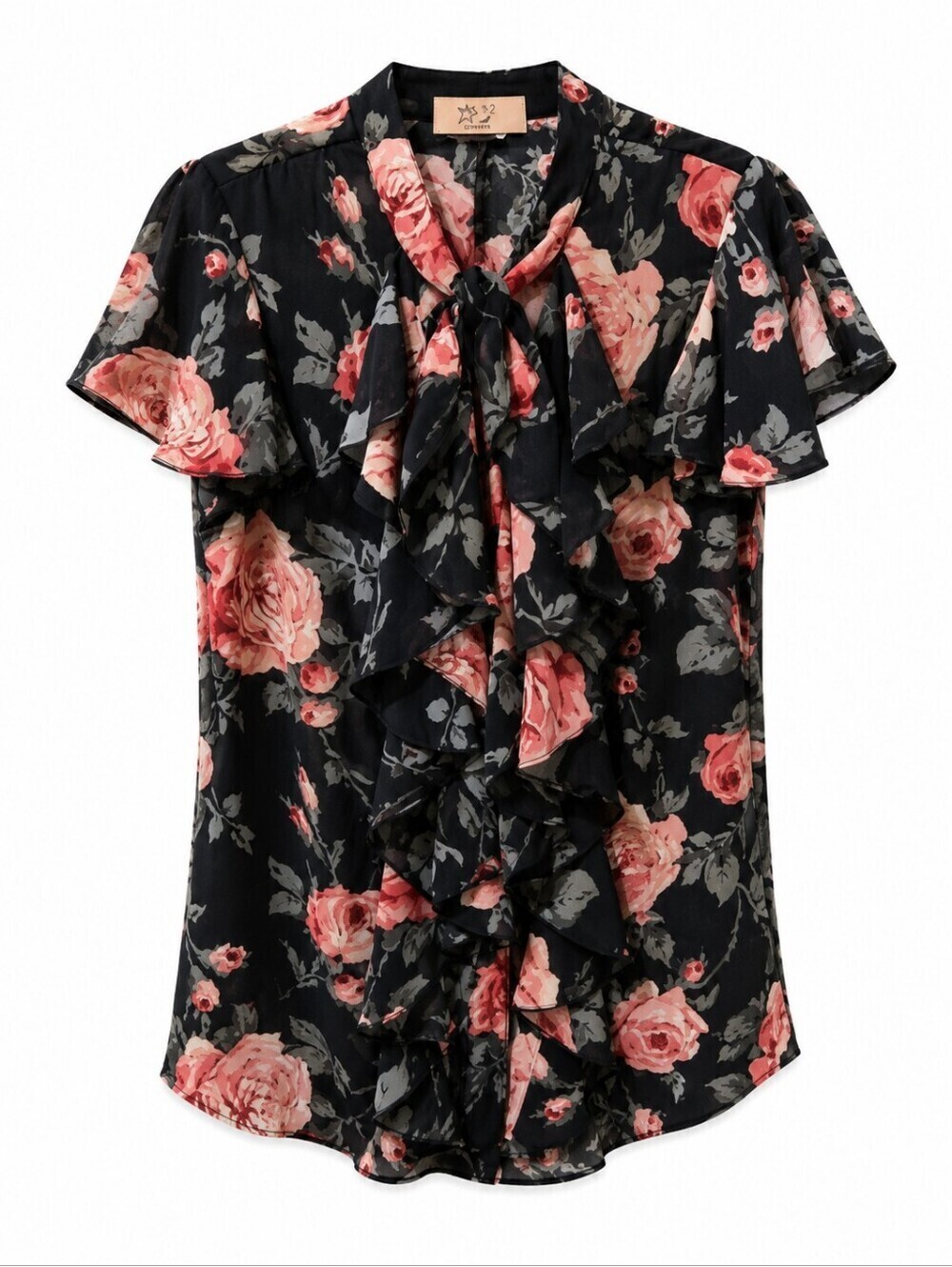 Converse Black Floral Ruffle Tie-Neck Blouse Pink Rose